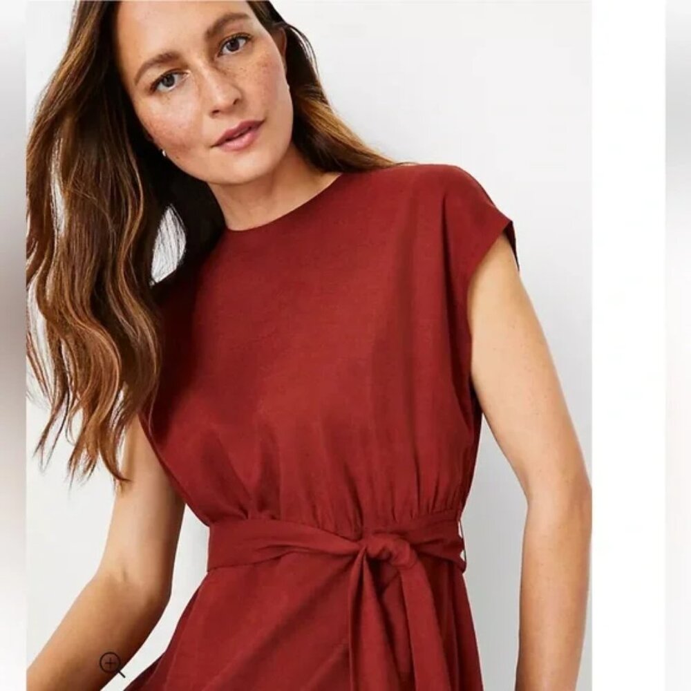 ๐ฅ Ann Taylor | Rust Brown Linen Blend Tie-Waist Dress 0 - Picture 2 of 8